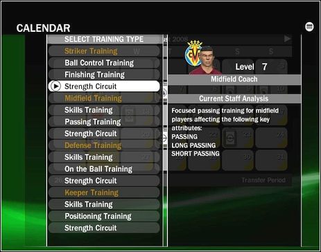 Do dyspozycji są 4 rodzaje zajęć: dla bramkarzy, obrońców, pomocników, napastników - Treningi | Tryb menedżerski w FIFA 09 - FIFA 09 - poradnik do gry