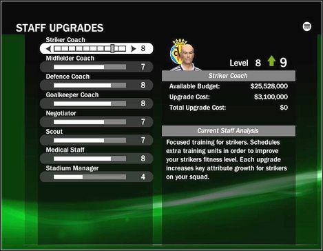 Trener napastników (Striker Coach ) - przyśpiesza rozwój zawodników z formacji ofensywnych, szczególnie pomocników z zakresu siły - Infrastruktura | Tryb menedżerski w FIFA 09 - FIFA 09 - poradnik do gry