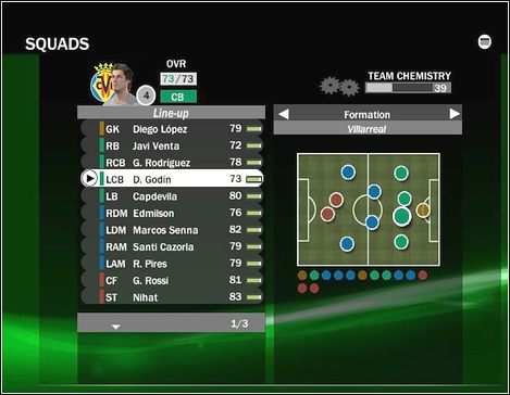 Na samej górze widnieje wizerunek zawodnika, wskaźnik umiejętności oraz pozycja nominalna - Zespół, kontrakty, postęp | Tryb menedżerski w FIFA 09 - FIFA 09 - poradnik do gry