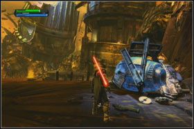 Będąc na samym środku jeziora lawy, wyciągnij ostatnią platformę i przeskocz na nią, po czym uważając na sterczące dalej metalowe pręty, na kolejną - Misja 02 - Raxus Prime (cz.1) - Star Wars: The Force Unleashed - poradnik do gry