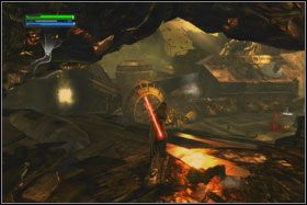 Wyjście z wąwozu zablokowane jest przez lejącą się z góry lawę - Misja 02 - Raxus Prime (cz.2) - Star Wars: The Force Unleashed - poradnik do gry