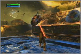 Wyciągnij w górę (R1) wielką połyskującą platformę i wskocz na nią - Misja 02 - Raxus Prime (cz.2) - Star Wars: The Force Unleashed - poradnik do gry