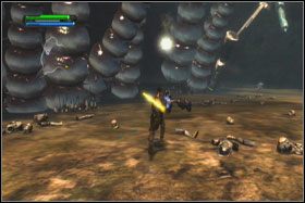 Po krótkiej animacji przedstawiającej wielkiego stwora w całej okazałości, pobiegnij w lewo i zabierz holocron - Misja 03 - Felucia (cz.1) - Star Wars: The Force Unleashed - poradnik do gry