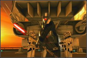 Po pokonaniu uggernaughtów na platformę przyleci imperialny prom, z którego wysiądzie między innymi wyposażony w świetlną lancę Shadow Guard - Misja 05 - Cloud City - Star Wars: The Force Unleashed - poradnik do gry