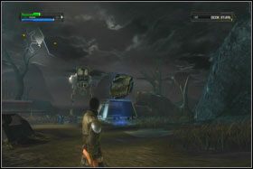 Walka z maszyną kroczącą jest dość banalna i sprowadza się do ciskania w nią z bezpiecznej odległości porozrzucanymi wokół kontenerami i odłamkami skalnymi - Misja 06 - Imperial Kashyyyk (cz.3) - Star Wars: The Force Unleashed - poradnik do gry