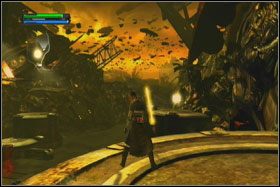 Przeskocz na drugą stronę zniszczonej rampy i idź cały czas przed siebie, aż wyjdziesz na otwartą przestrzeń - Misja 08 - Imperial Raxus Prime (cz.1) - Star Wars: The Force Unleashed - poradnik do gry