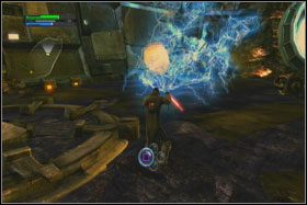 Pokonaj kolejne droidy i kiedy dojdziesz do wielkiego silnika blokującego przejście, użyj na nim Błyskawic - Misja 02 - Raxus Prime (cz.3) - Star Wars: The Force Unleashed - poradnik do gry