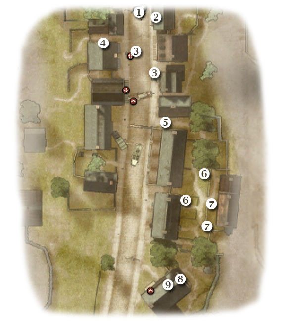 Oznaczenia: 1 - miejsce startu (kontynuacja) - Five-Oh-Sink - Zadanie 5 (cz.2) - Rozdział 3 - Brothers in Arms: Hells Highway - poradnik do gry