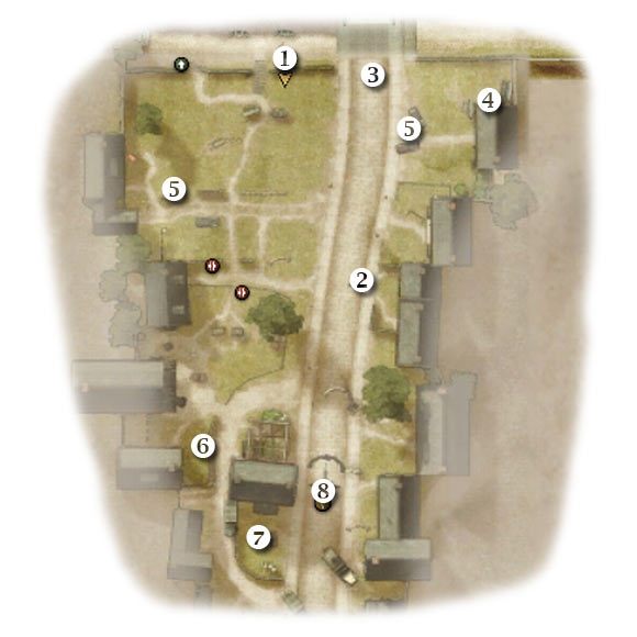 Oznaczenia: 1 - miejsce startu - Five-Oh-Sink - Zadanie 6 - Rozdział 3 - Brothers in Arms: Hells Highway - poradnik do gry