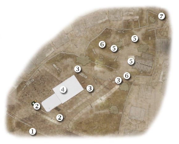 Oznaczenia: 1 - miejsce startu (kontynuacja) - Baptism of Fire - Zadanie 1 (cz.2) - Rozdział 6 - Brothers in Arms: Hells Highway - poradnik do gry