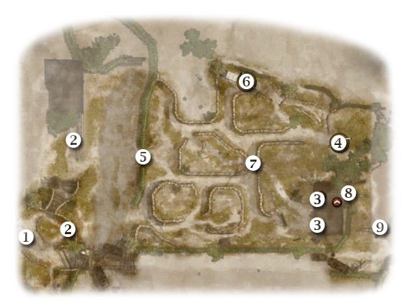 Oznaczenia: 1 - miejsce startu (kontynuacja) - Tooth and Nail - Zadanie 1 (cz.4) - Rozdział 10 - Brothers in Arms: Hells Highway - poradnik do gry