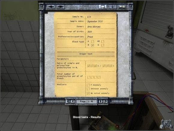 Drugą część testu wykonujesz analogicznie jak przy pierwszej próbce - 11. Vladovista, powrót - Badanie dla próbki 814 (Arno Moriani) - Dracula 3: The Path of the Dragon - poradnik do gry