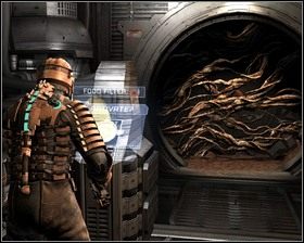 Wychodzimy przez duże okrągłe wrota, po drodze znajdujemy Dziennik audio oraz pojemniki - Groźne środowisko (cz.5) | Rozdział 06 | Solucja Dead Space - Dead Space - poradnik do gry