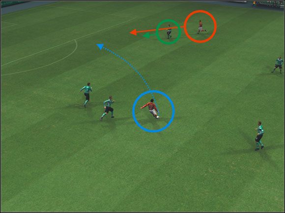 Wydaje się, że piłka jest poza zasięgiem czerwonego , ale ma on jednak przewagę w postaci wykonywanego ruchu w stronę bramki - Podania prostopadłe | Formacje i rozgrywanie | Pro Evolution Soccer 2009 - Pro Evolution Soccer 2009 - poradnik do gry