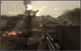 Udaj się do wioski, w której stoi ciężarówka i zabij wszystkich starając się nie prowadzić ognia zbyt blisko wiaty z autem - APR Misja I - Chorzy doktorzy | Akt II w Far Cry 2 - Far Cry 2 - poradnik do gry
