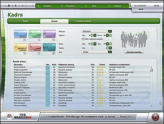 Po przejściu do karty szkoleniowca (LPM na jego nazwisku, a potem LPM na Informacje o pracownikach) można skonfigurować obciążenie pracą - Kadra i podział obowiązków (cz.1) - Drużyna - FIFA Manager 09 - poradnik do gry