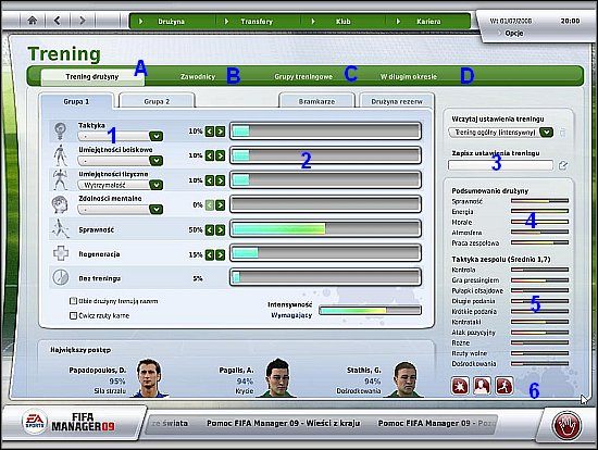 Zdolności taktyczne drużyny ilustrowane są w postaci pasków, które znajdują się w prawym-dolnym obszarze ekranu treningu (5) - Trening i zdolności taktyczne drużyny (cz.1) - Drużyna - FIFA Manager 09 - poradnik do gry