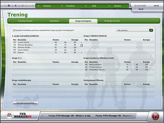 Piłkarze trenują w grupach - Trening i zdolności taktyczne drużyny (cz.1) - Drużyna - FIFA Manager 09 - poradnik do gry