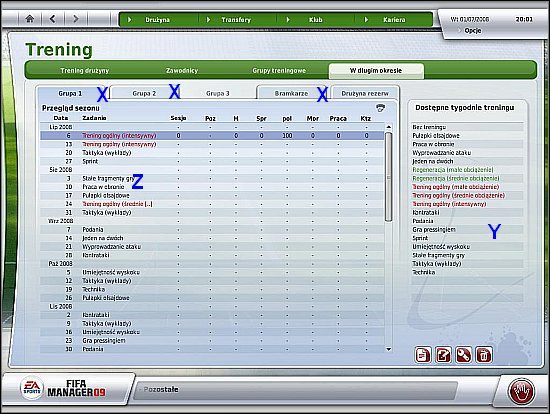 Aby zaplanować treningi na poszczególne tygodnie sezonu, należy skorzystać z zakładki W długim okresie - Trening i zdolności taktyczne drużyny (cz.2) - Drużyna - FIFA Manager 09 - poradnik do gry