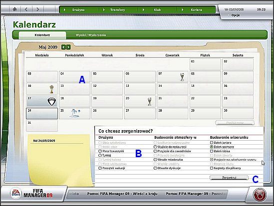 Aby zaplanować wybraną imprezę, kliknij jej pole wyboru (B), a następnie powtórz tę czynność względem daty, do której ma zostać przypisana impreza (A) - Zarządzanie kalendarzem - Drużyna - FIFA Manager 09 - poradnik do gry