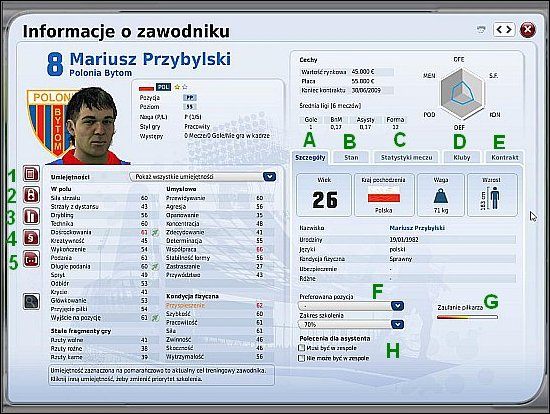 Aby otworzyć ekran zawodnika, należy kliknąć na jego nazwisku PPM i wybrać Informacje o zawodniku - Ekran zawodnika - Drużyna - FIFA Manager 09 - poradnik do gry