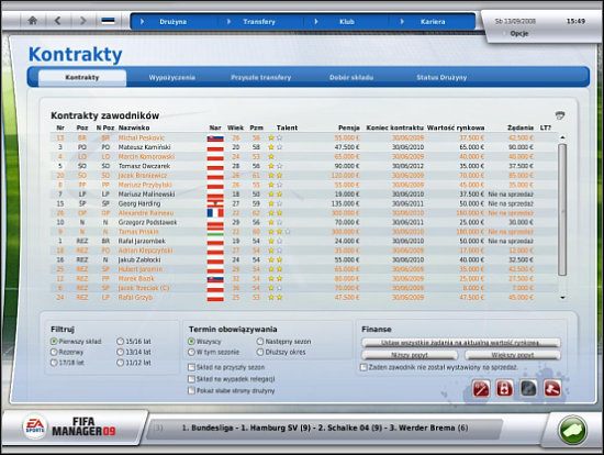 Aby przejść do ekranu kontraktów, skorzystać należy ze skrótu Transfery > Kontrakty - Zarządzanie kontraktami - Drużyna - FIFA Manager 09 - oficjalny polski poradnik do gry