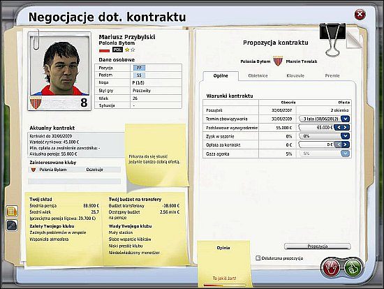 Najważniejszym elementem tego ekranu jest pasek zadowolenia gracza (Opinia) - Zarządzanie kontraktami - Drużyna - FIFA Manager 09 - poradnik do gry