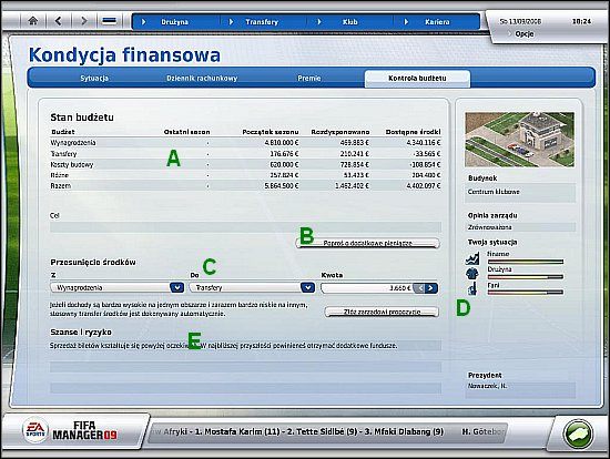 Okno to umożliwia zapoznanie się z aktualnymi uwagami zarządu względem budżetu (E) - Budżet (cz.2) - Klub - FIFA Manager 09 - poradnik do gry