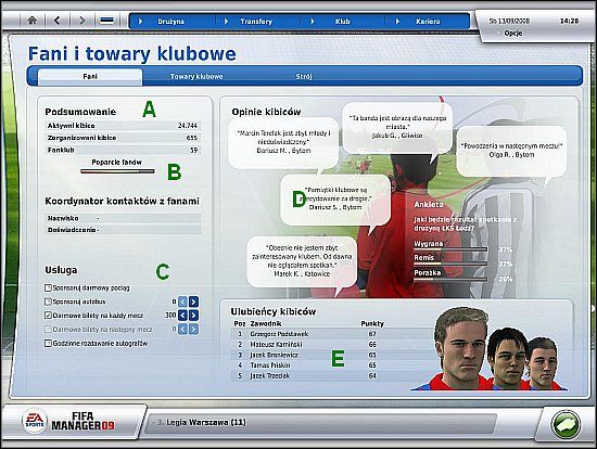 Ekran ten umożliwia monitorowanie relacji z fanami, a także zarządzanie wsparciem fanów ze strony klubu - Kibice i pamiątki klubowe - Klub - FIFA Manager 09 - poradnik do gry