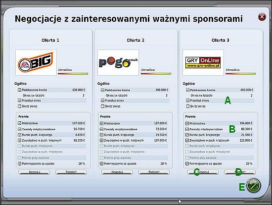 Kontakt sponsorski dzieli się na dwie części: Ogólne (A) i Premie (B) - Sponsorzy, prawa do nazw i bandy reklamowe - Klub - FIFA Manager 09 - poradnik do gry