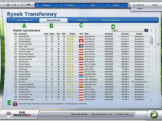 Ekran transferów pracuje w czterech trybach - Transfery - Klub - FIFA Manager 09 - poradnik do gry