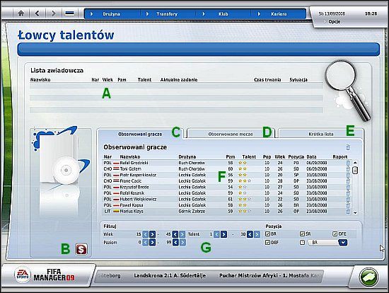 Ekran łowców talentów umożliwia koordynację działań pracowników odpowiedzialnych za wyszukiwanie piłkarskich perełek - Łowcy talentów - Klub - FIFA Manager 09 - poradnik do gry
