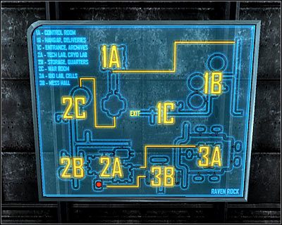 Raven Rock podzielone jest na trzy zasadnicze poziomy, a do przemieszczania się pomiędzy nimi należy używać przejść oznaczonych jasnymi kreskami - Mapa świata - Inne | Świat gry Fallout 3 - Fallout 3 - poradnik do gry