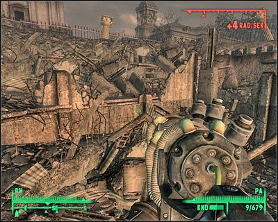 Wskaźnik w prawym górnym rogu ekranu informuje o natężeniu promieniowania - Fallout 3: Zagrożenia - Fallout 3 - poradnik do gry