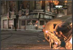 Schowaj się za wrakiem samochodu i wyeliminuj Szarańczę skrywającą się na rogu ulicy - Darmowy parking | Decydujące starcie | Gears of War 2 - Gears of War 2 - poradnik do gry