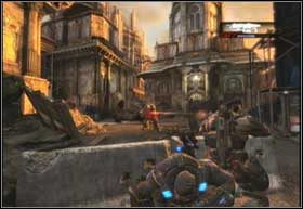 Podejdź do stojącego przy krawędzi samochodu i zepchnij go na dół, po czym przeskocz przez barierki i po chwili powinieneś znaleźć się z powrotem przy Dominicu - Darmowy parking | Decydujące starcie | Gears of War 2 - Gears of War 2 - poradnik do gry