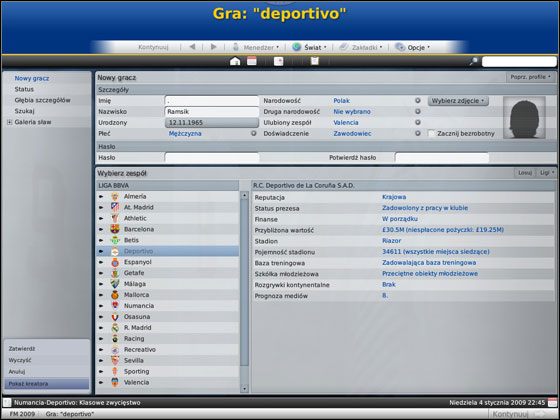 Jeśli uważałeś w szkole na angielskim, wypełnienie pól u samej góry nie sprawi Ci problemów - należy tam wpisać podstawowe dane menedżera, jak imię i nazwisko, określić datę urodzenia, płeć (to kolejna, mała nowość w serii - można grać także jako kobieta), narodowość, ulubiony zespół czy wcześniejsz - Tworzenie menedżera | Konfiguracja gry Football Manager 2009 - Football Manager 2009 - poradnik do gry