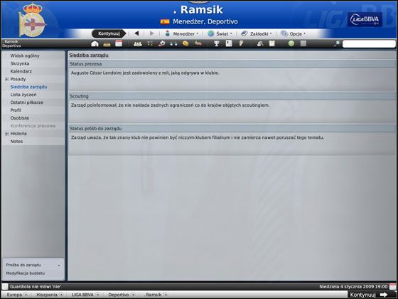 Pierwszy ekran, który powinien Cię zainteresować, to Siedziba zarządu - Początek gry | Podstawowe funkcje Football Manager 2009 - Football Manager 2009 - poradnik do gry