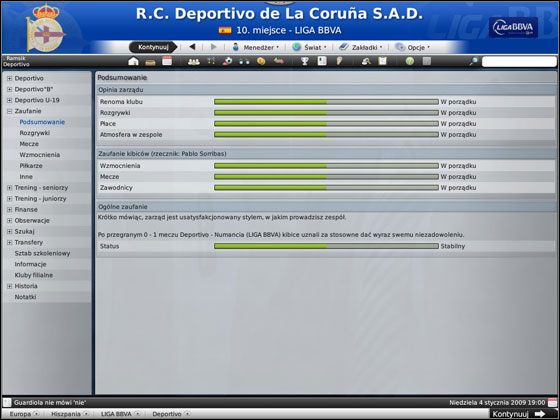 Ten ekran to kompilacja opinii zarządu oraz kibiców na temat twojego stylu prowadzenia klubu - Początek gry | Podstawowe funkcje Football Manager 2009 - Football Manager 2009 - poradnik do gry