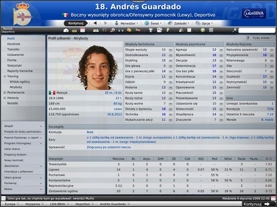 Współczynniki podzielono na trzy grupy, co pomaga w sprawnym odnalezieniu wartości najbardziej potrzebnych cech gracza - Informacje o zawodnikach | Skład w Football Manager 2009 - Football Manager 2009 - poradnik do gry