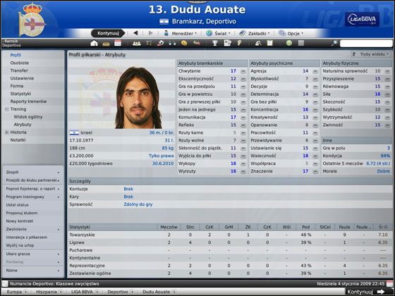 Tabelka z atrybutami technicznymi została zastąpiona specyficznymi cechami, dopasowanymi do charakterystyki golkipera - Informacje o zawodnikach | Skład w Football Manager 2009 - Football Manager 2009 - poradnik do gry