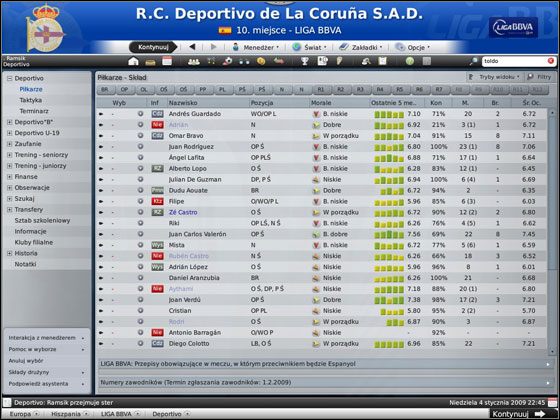 Skład to natomiast opcja, która dostarcza wszystkich danych, potrzebnych przed meczem - Przegląd kadry | Skład w Football Manager 2009 - Football Manager 2009 - poradnik do gry
