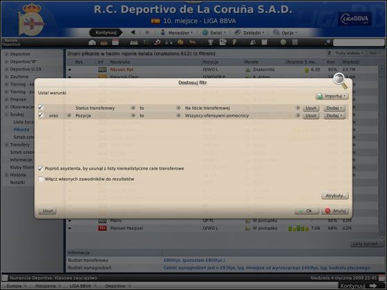 Tryby widoku są identyczne, jak w opisywanym wcześniej ekranie skład, więc ich komentowanie sobie odpuszczę - Działania na rynku (cz.1) | Rynek transferowy w Football Manager 2009 - Football Manager 2009 - poradnik do gry