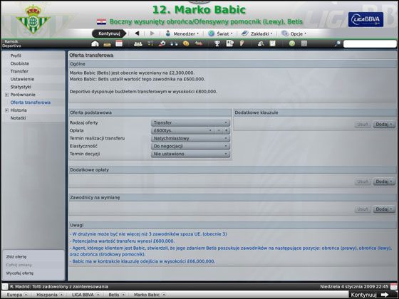 W polu Ogólne znajdują się informacje o wartości rynkowej zawodnika, cenie wystawionej za niego przez klub oraz Twoim budżecie transferowym - Działania na rynku (cz.1) | Rynek transferowy w Football Manager 2009 - Football Manager 2009 - poradnik do gry