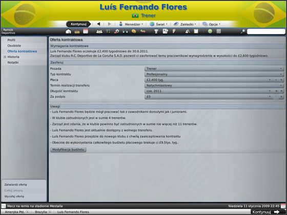 Wymagania kontraktowe - można się tutaj dowiedzieć, jakiego kontraktu oczekuje trener, a także ile może na niego wyłożyć zarząd - Trenerzy | Współpracownicy w Football Manager 2009 - Football Manager 2009 - poradnik do gry