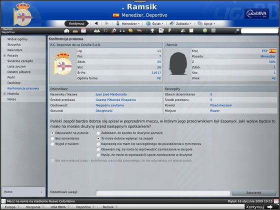 Dwie tabelki u góry zawierają informacje o zespole (po lewej) oraz osobie (po prawej) - Interakcja - Media | Podstawowe funkcje Football Manager 2009 - Football Manager 2009 - poradnik do gry