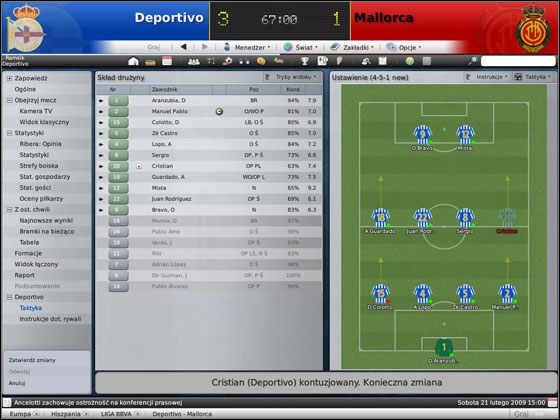 Tutaj zawodnik doznał kontuzji i trzeba go zmienić, inaczej nie możesz kontynuować gry - Mecz | Taktyka w Football Manager 2009 - Football Manager 2009 - poradnik do gry