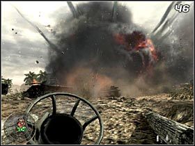 Wyjdź na górę i rozpocznij eksterminację czołgów, rozpoczynając od tego, który aktualnie znajduje się najbliżej okopu (#46) - Twarde lądowanie (cz.2) | Kampania Call of Duty World at War - Call of Duty: World at War - poradnik do gry