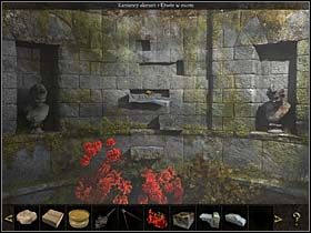 Jednak nie da się ich wpasować na chybił trafił czy na siłę, muszą zostać dobrane do wielkości brakujących w murze kamieni oraz ułożone od dołu do góry, tak by ostatecznie stworzyły napis: VITA ET VIRTUS LABORE IN - Ogród, nisza - Watykan, 8 listopada 2008 - Chronicles of Mystery: Rytuał Skorpiona - poradnik do gry