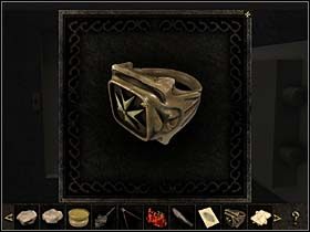 Wewnątrz sejfu znajduje dokumenty watykańskie , które uważnie studiuje (kliknij je w ekwipunku PPM, po czym przejrzyj 5 stron zapisków i rysunków) oraz bliźniaczy sygnet , którego wzór odciska w wosku - Gabinet kardynała; szczyt muru, ulica - Watykan, 8 listopada 2008 - Chronicles of Mystery: Rytuał Skorpiona - poradnik do gry